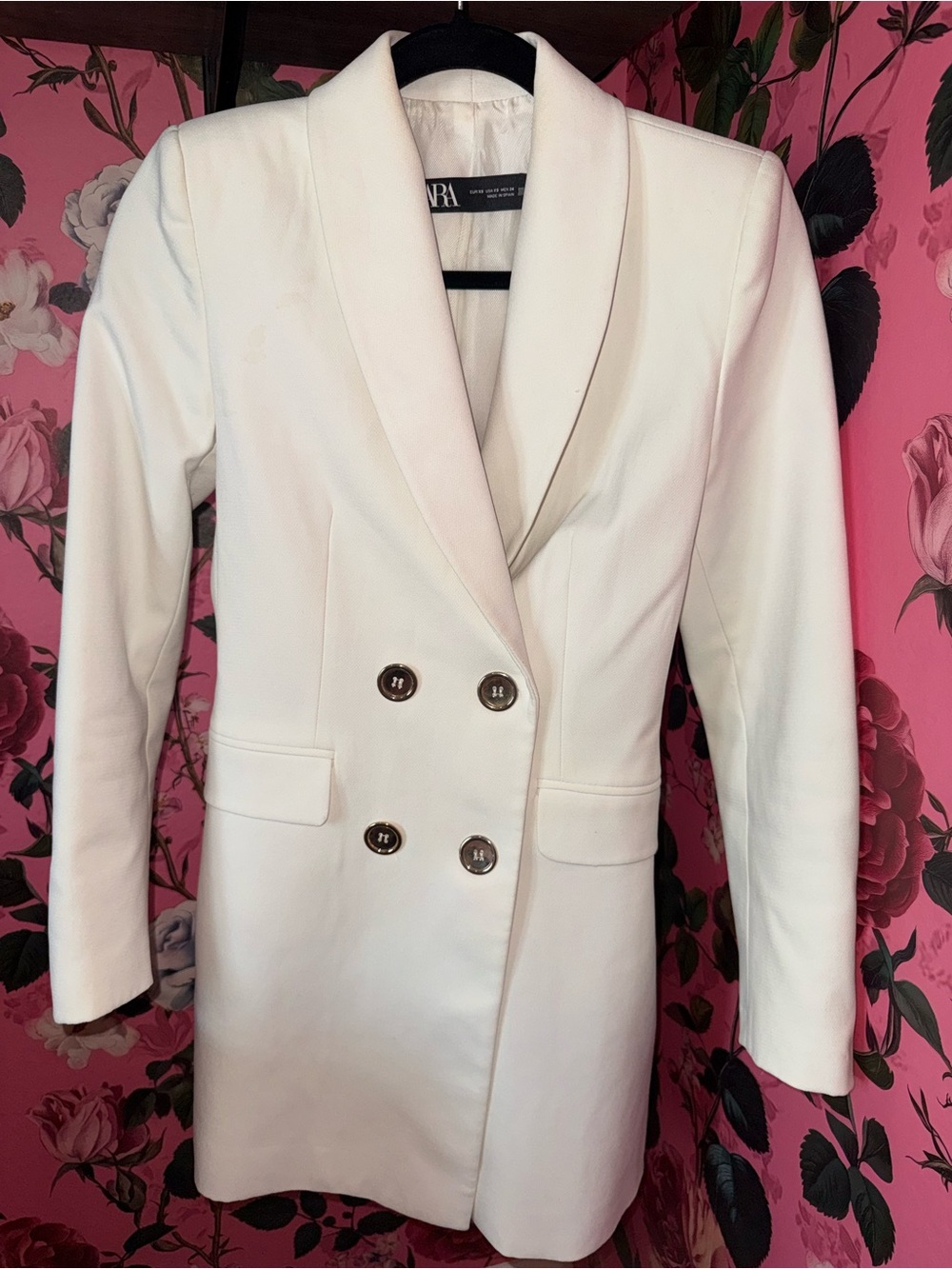 Zara White Double-Breasted Blazer Dress With Gold Buttons XS